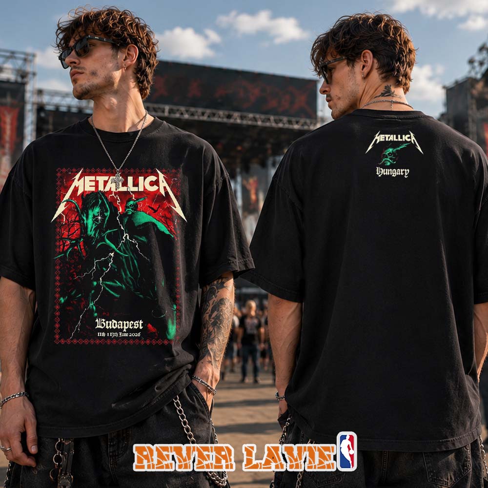 Metallica M72 Budapest Exclusive Merch Tee For Hungary At Puskas Arena in Budapest on June 11 2026 Art By Alex Almeida Two Sided Tee Metallica M72 Budapest Exclusive Merch Tee For Hungary At Puskas Arena in Budapest on June 11 2026 Art By Alex Almeida Two Sided Tee