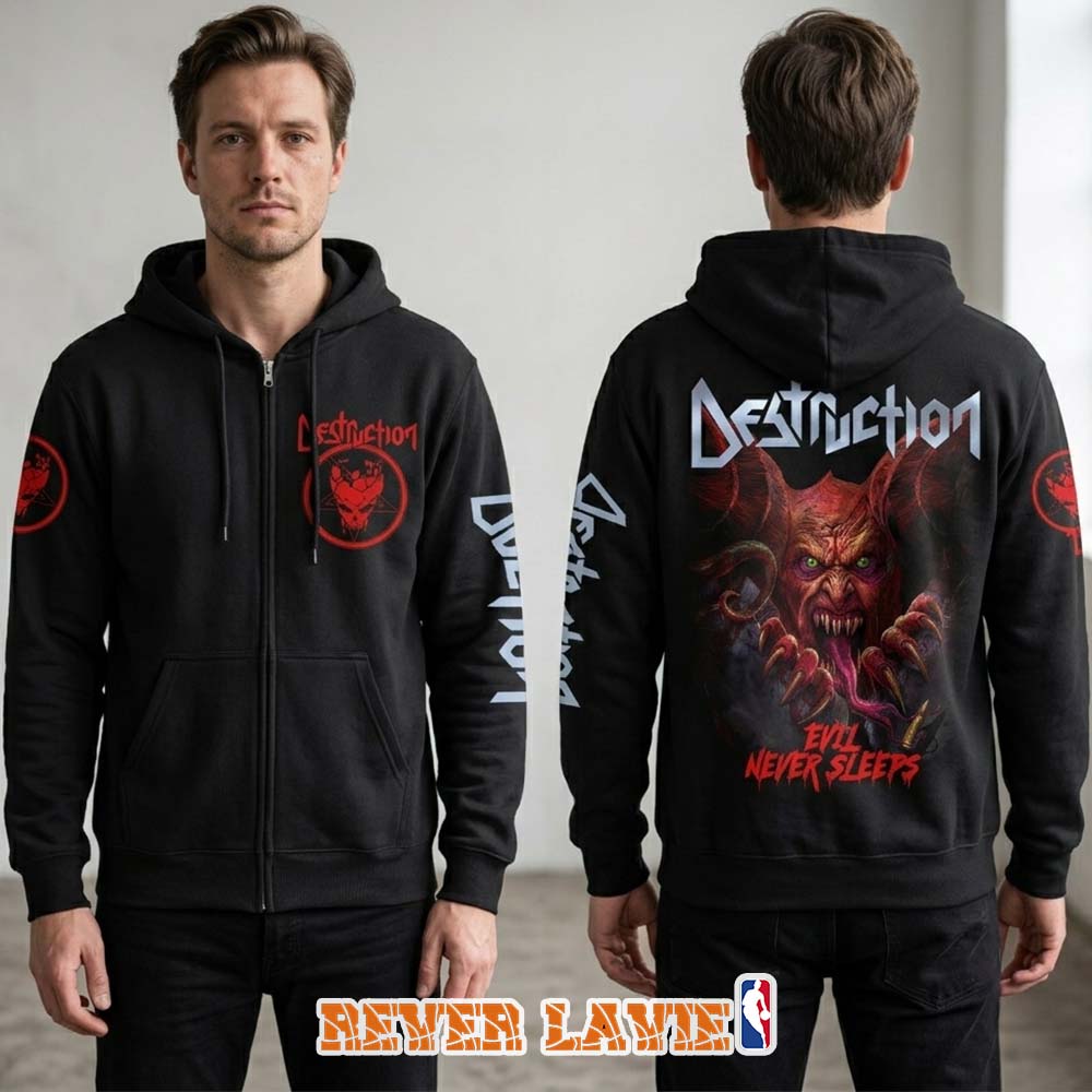 Destruction Evil Never Sleeps Four-Sided Print Black Zip Hoodie Destruction Evil Never Sleeps Four-Sided Print Black Zip Hoodie