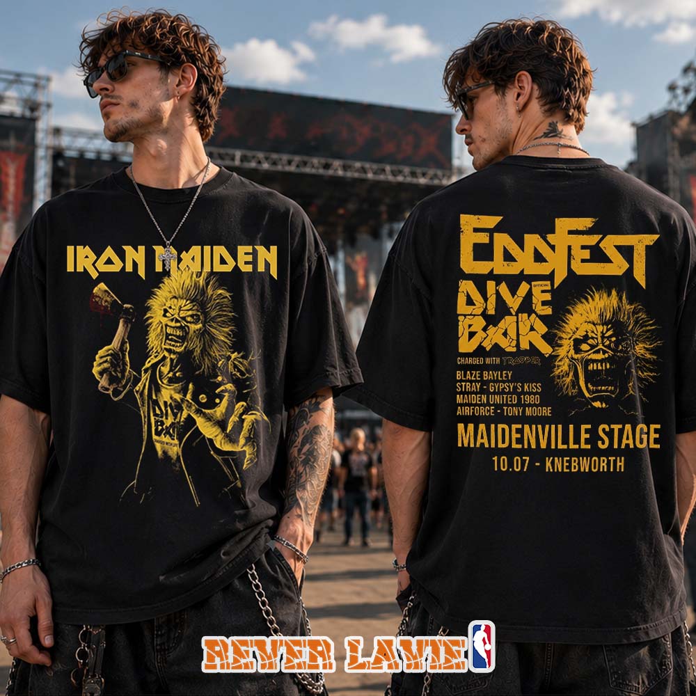 Iron Maiden Eddfest Dive Bar Maidenville Stage Knebworth July 10 2026 Black T-Shirt Official Tour Merchandise Iron Maiden Eddfest Dive Bar Maidenville Stage Knebworth July 10 2026 Black T-Shirt Official Tour Merchandise
