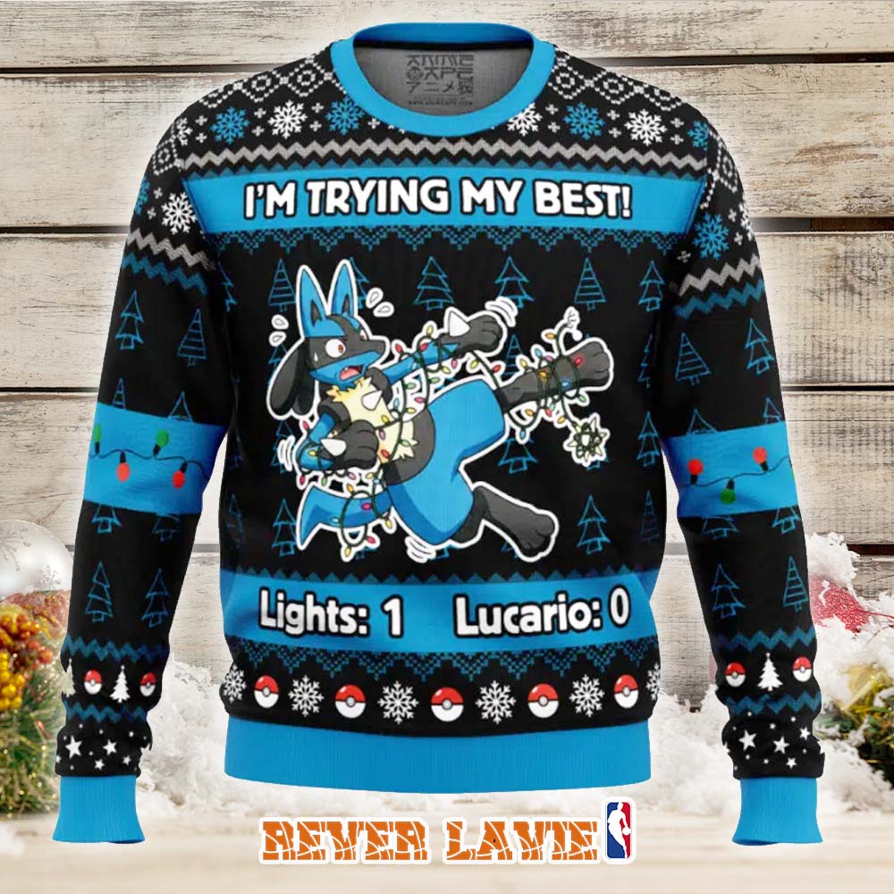 Lucario Trying My Best Pokemon Ugly Christmas Sweater Lucario Trying My Best Pokemon Ugly Christmas Sweater