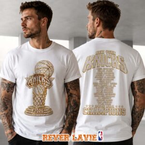 New York Knicks 2026 NBA Champions Trophy Bootleg Roster Two-Sided T-Shirt