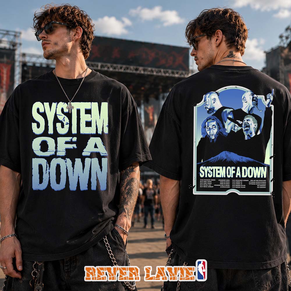 System Of A Down Tour T-Shirt At Europe And UK Tour In Europe And United Kingdom On 2026 Blue Band Portrait Artwork System Of A Down Tour T-Shirt At Europe And UK Tour In Europe And United Kingdom On 2026 Blue Band Portrait Artwork