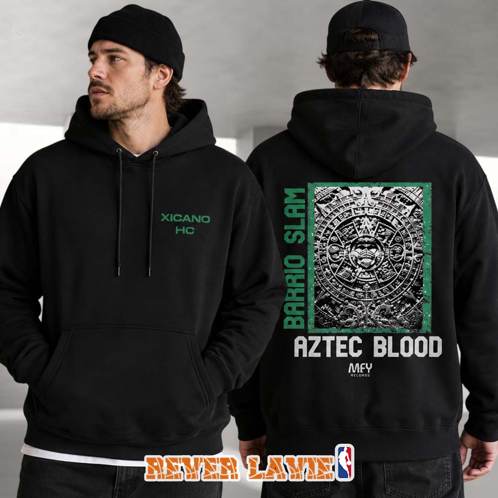 Barrio Slam Aztec Blood Hoodie Black With Aztec Calendar Graphic And Xicano HC Print MFY Records Barrio Slam Aztec Blood Hoodie Black With Aztec Calendar Graphic And Xicano HC Print MFY Records