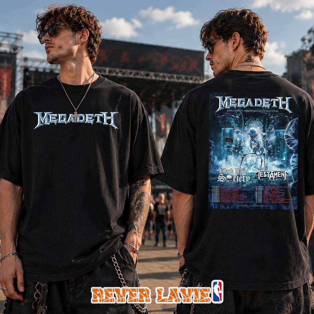 Megadeth Breakout Hibernation Of The Nations 2027 Europe Tour Dates Poster Featuring Black Label Society And Testament Two Sided Tee Megadeth Breakout Hibernation Of The Nations 2027 Europe Tour Dates Poster Featuring Black Label Society And Testament Two Sided Tee